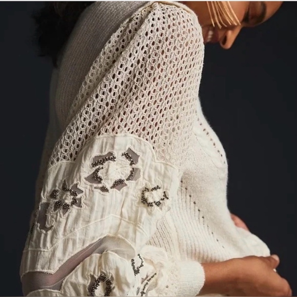 Anthropologie women's Eyelet Lace Sweater Ivory XS balloon embroidered sleeves - Picture 4 of 14